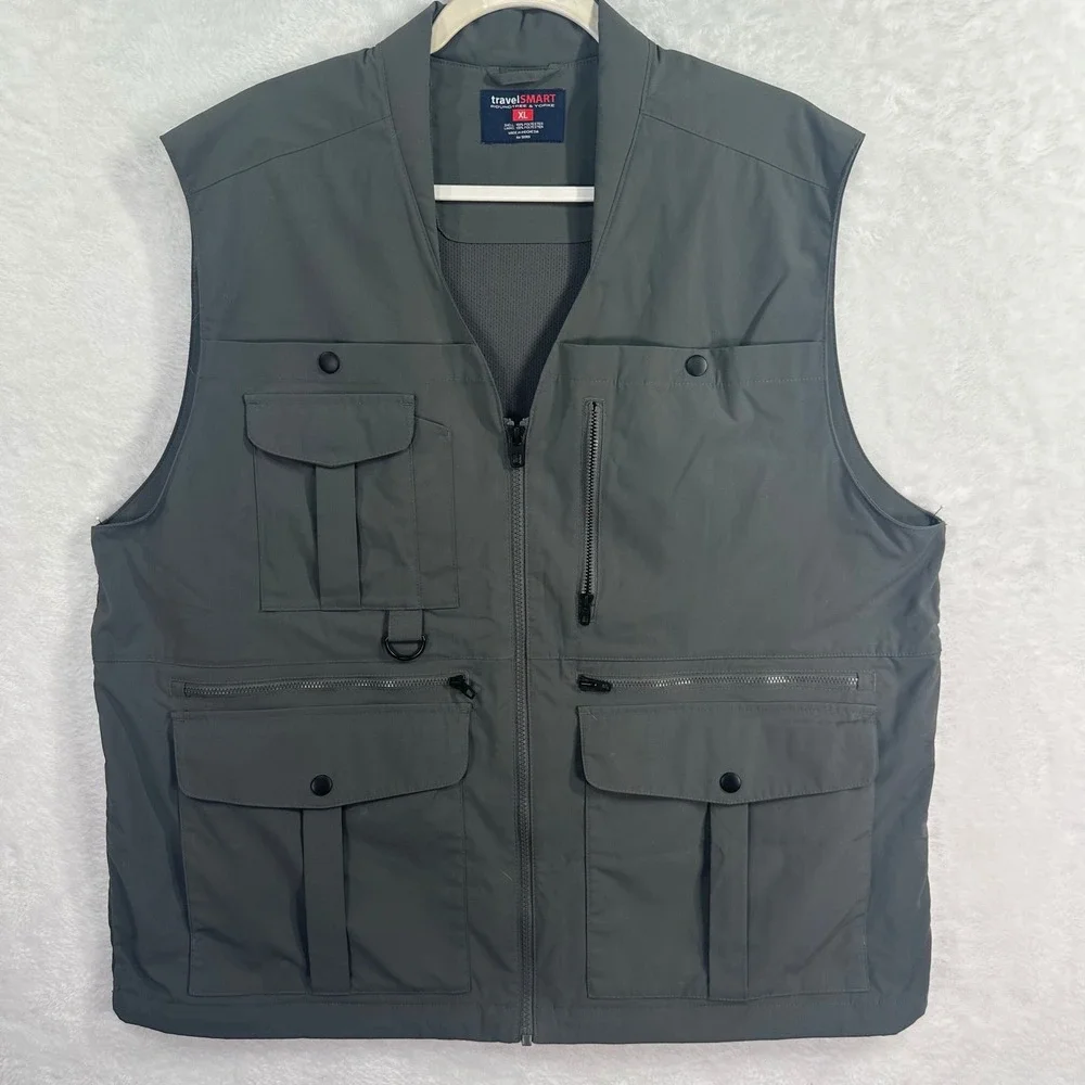 Roundtree & Yorke‎ TravelSmart Utility Vest Mens XL Gray Multi-Pocket Full Zip